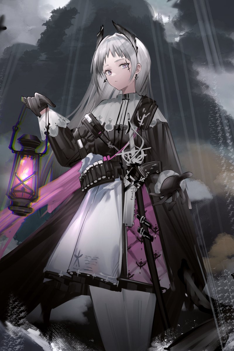 irene (arknights) 1girl lantern holding lantern rain cloudy sky cloud solo  illustration images