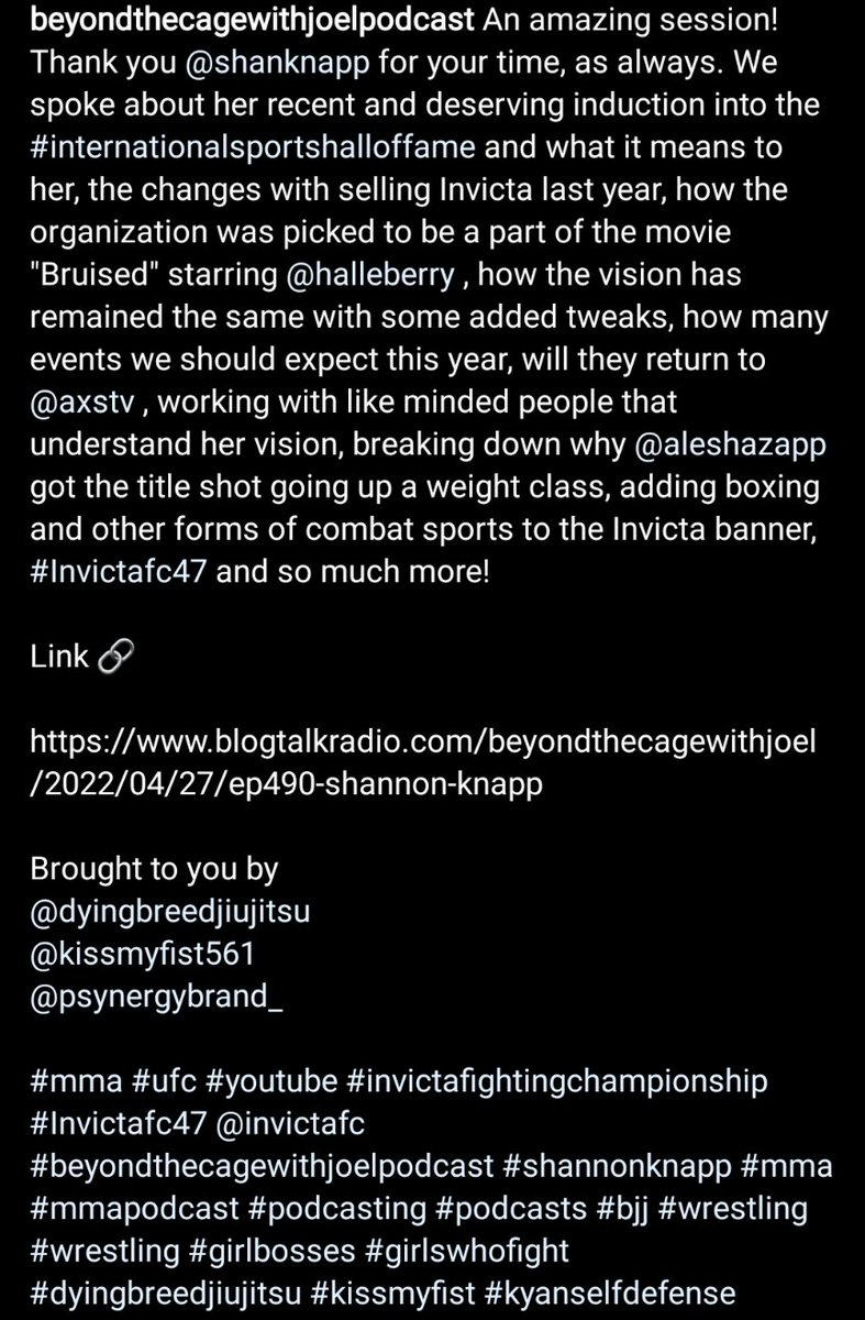 Joel Rojas (Beyond The Cage With Joel Podcast) (@beyond_cagemma) on Twitter photo What a great session with <a href="/shanknapp/">Shannon Knapp</a> ! Check it out!
blogtalkradio.com/beyondthecagew…
#beyondthecagewithjoelpodcast <a href="/InvictaFights/">Invicta FC</a> #MMATwitter #wmma #mma What a great session with <a href="/shanknapp/">Shannon Knapp</a> ! Check it out!
blogtalkradio.com/beyondthecagew…
#beyondthecagewithjoelpodcast <a href="/InvictaFights/">Invicta FC</a> #MMATwitter #wmma #mma