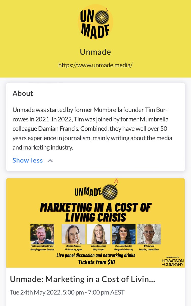 Thrilled to be a part of <a href="/UnmadeAU/">Unmade Media</a> first panel event discussing marketing in a cost of living crisis 🙌🏻

Looking forward to what will be an interesting and insightful discussion and networking event  <a href="/damianfrancis/">Damian Francis</a> and <a href="/timburrowes/">Tim Burrowes - Unmade</a>

Link to tickets below in comments👇🏼 🎟