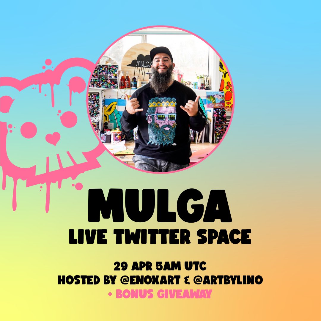 🚨 AMA alpha incoming 🚨

We are excited to be hopping on Spaces with <a href="/MulgatheArtist/">MULGA</a> for some quality conversations about being an artist in the NFT space, experiences within this space, insider insight, and good vibes.

Friday @ 5am UTC time 

Be there and be RARE 😉
