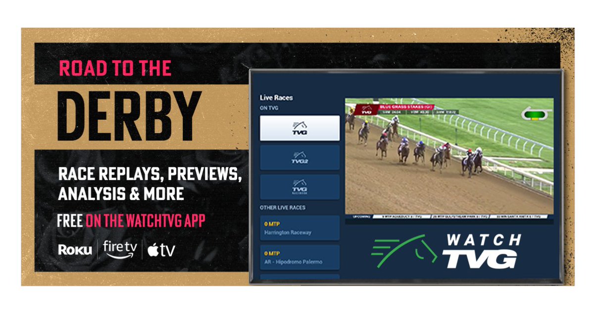 FanDuel_Racing's tweet image. The #WatchTVG app is your one-stop shop for all things on the #RoadtotheDerby! 🏇 🌹 

Use the app to watch replays of prep races, race previews, analysis &amp;amp; more leading up to the 1st Saturday in May!

Download now on @amazonfiretv @roku &amp;amp; @appleTV! 
TVG.com/watch