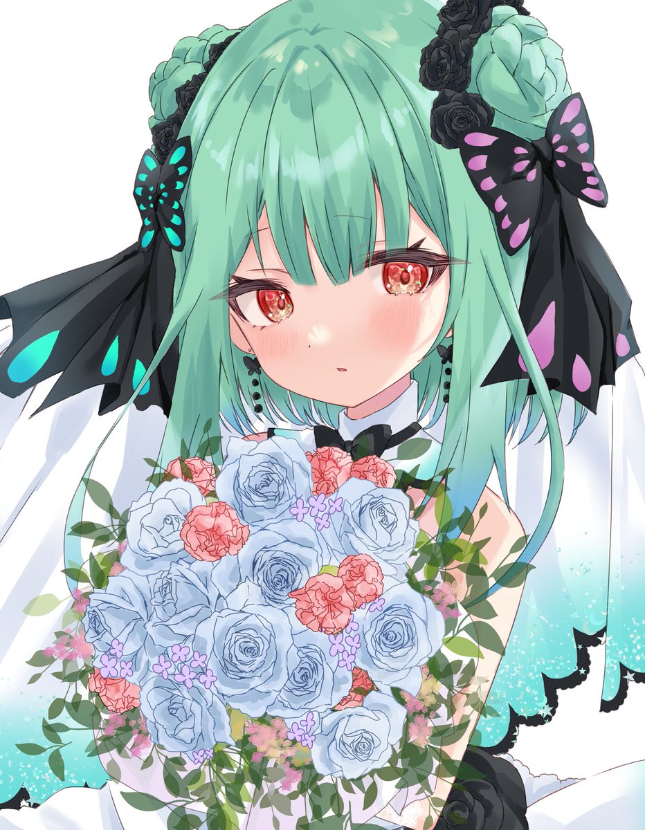 uruha rushia 1girl solo bouquet hair ornament flower green hair hair bun  illustration images