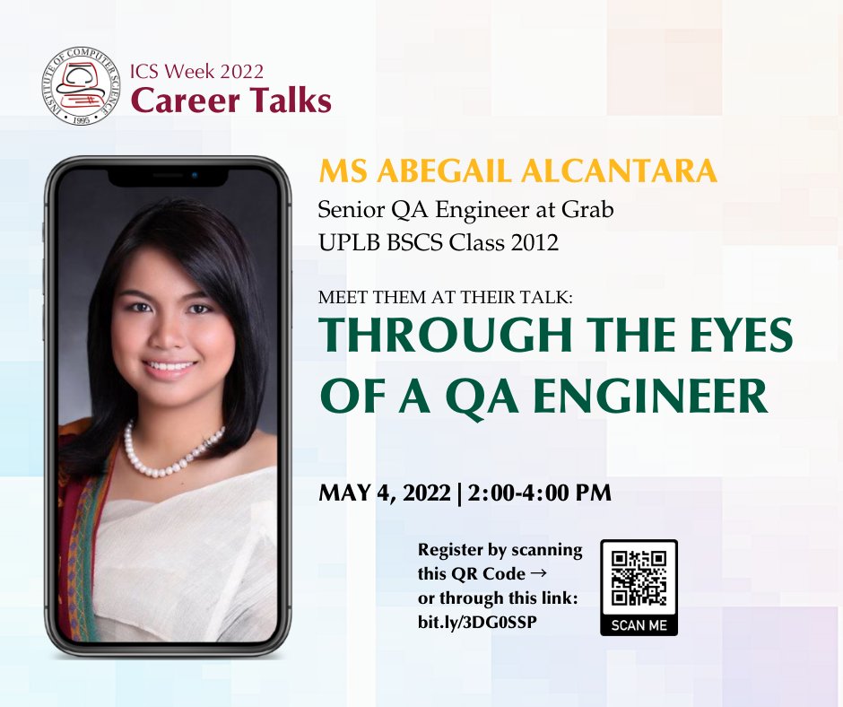 ics_uplb's tweet photo. Listen to ICS alumni coming from different fields of computer science, from the industry to the academe, during the ICS Career Talks (10 AM-12 NN; 2 PM-4 PM)!

Let's learn about your future career!
Register here: https://t.co/ncvAiFoipd

#ICSEvolve2022 https://t.co/Uo0JidJv14