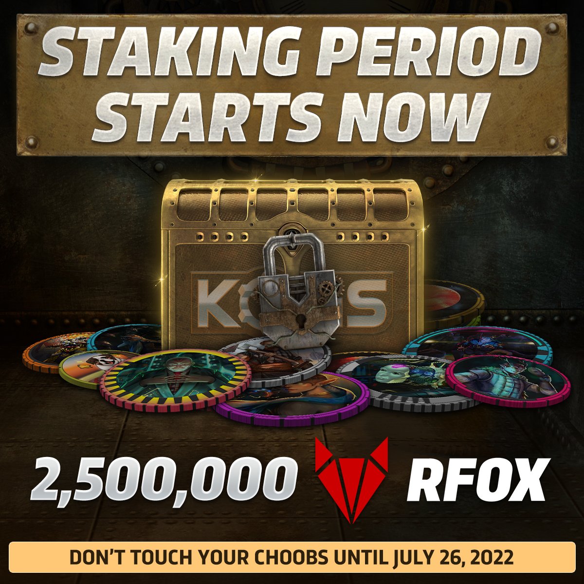 KOGS_GG's tweet photo. 🚨🚨🚨 THE STAKING PERIOD HAS BEGUN! 🚨🚨🚨

If you don't know the drill yet, this means DO NOT TOUCH YOUR STAKED CHOOBs. Yes, forget about them and just set a reminder for July 26, 2022. Easy peasy.

Check out our staking period reminders on today's blog:
https://t.co/FpEOUpGs75 https://t.co/nVosZMeYJ2