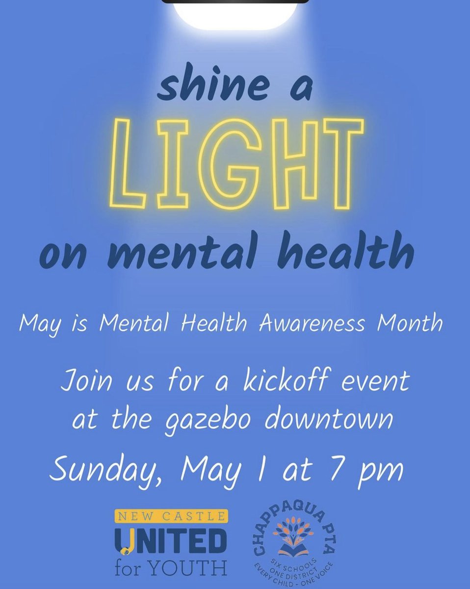 It’s almost Mental Health Awareness Month! Join us this coming Sunday, May 1 at 7 pm at the gazebo downtown for a kickoff event to honor mental health in our community! See you there!