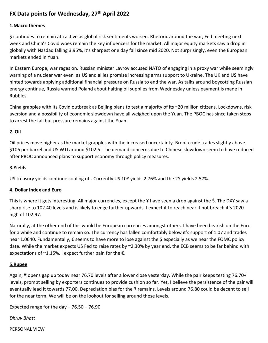DhruvRBhatt's tweet photo. #FX outlook for 27th April 2022

#Currency #forexmarket #USDINR #dollar #Euro #FOMC https://t.co/SyQ7KLVXBg