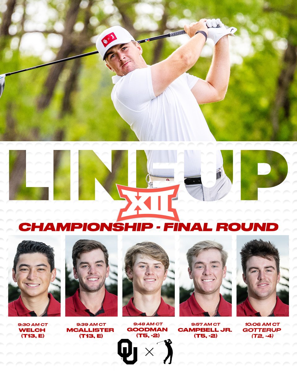𝘾𝙝𝙖𝙢𝙥𝙞𝙤𝙣𝙨𝙝𝙞𝙥 𝙒𝙚𝙙𝙣𝙚𝙨𝙙𝙖𝙮

Time to go play for the Big 12 crown! Oklahoma (2nd, -8) puts its first tee in the ground at 9:30 this morning. 

#Sooners | bit.ly/XIIgolf