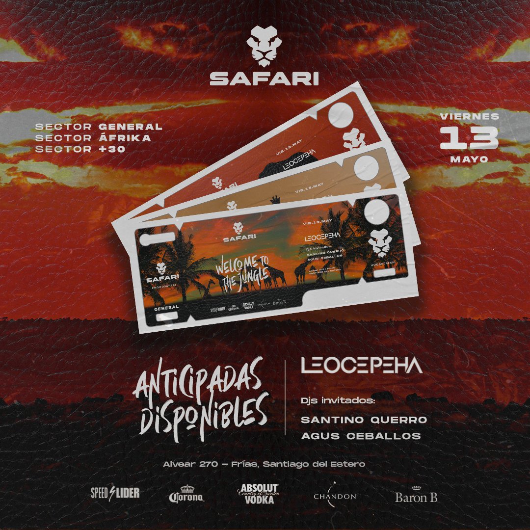 SafariFrias's tweet photo. Frías se pone en #ModoSafari🥳
Ya estan a la venta las Anticipadas 🎫
El 13M te queremos acá, rompiendo la pista!!🕺🏻
¿ Que tan Salvaje sos ? https://t.co/r7IEnycMFz