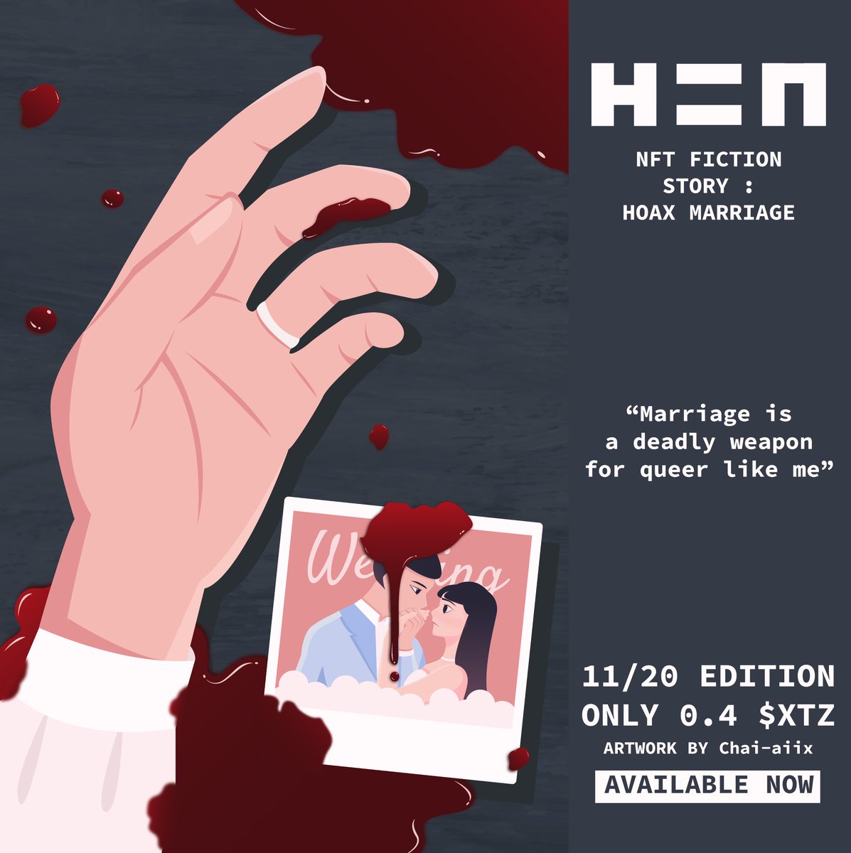 ✨Update✨
Hoax Marriage💔
Marriage is a deadly weapon for queer like me🔪🩸

🔪11/20 ed
🔪Only 0.4 $XTZ

📌Read it on :
hen.hic.af/objkt/642943
objkt.com/asset/hicetnun…
hic.af/o/642943

#NFTTHAILAND #tezos #hicetnunc2000 #objktcom #tezosart #HEN #NFTCommunity