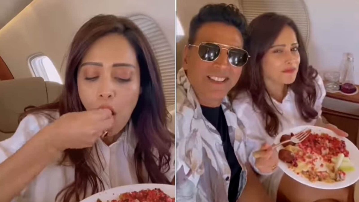 Nushrratt Bharuccha eats lunch along with her fingers, picks up fork as Akshay Kumar joins in. Watch #AkshayKumar #NushrrattBharuccha gossipchimp.com/nushrratt-bhar…