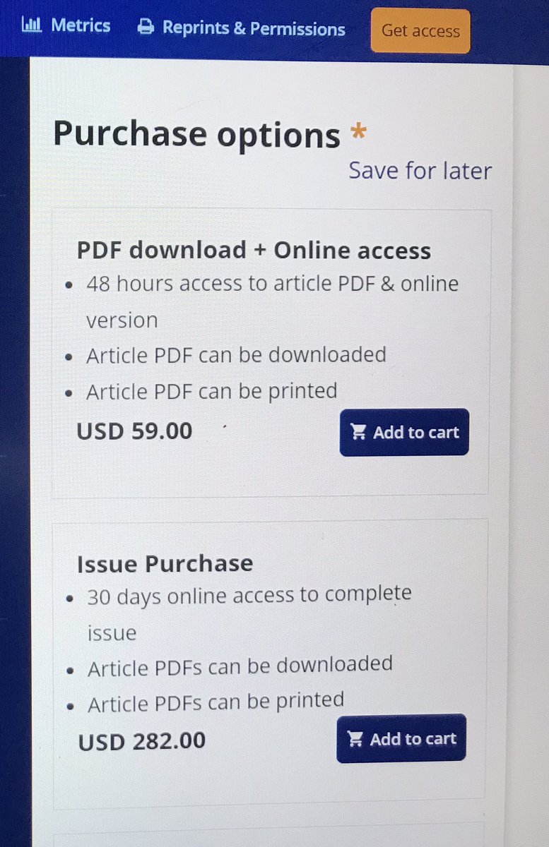 nm_mullins's tweet image. “Hmm, I think I’d like to glance at that 3-page journal article. Might be… but I’m not sure… interesting”

Click. Click.

“Oh!  $19.67 per page to glance. Suddenly, I’ve lost interest.”

#JournalArticles
#AcademicJournals #PeerReviewedJournals
#AcademicTwitter