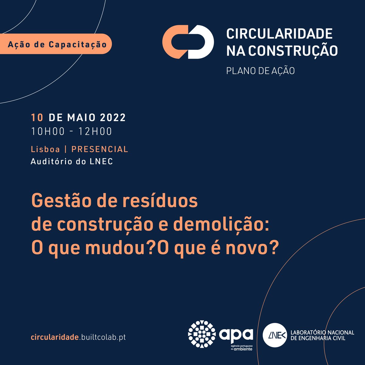A APA e o BUILT CoLAB, com o apoio do LNEC, organizam a Ação de Capacitação “Gestão de resíduos de construção e demolição: o que mudou? O que é novo?”, que terá lugar no LNEC, no próximo dia 10 de maio.
A participação é gratuita, mas com inscrição:

bit.ly/3jPsxI7