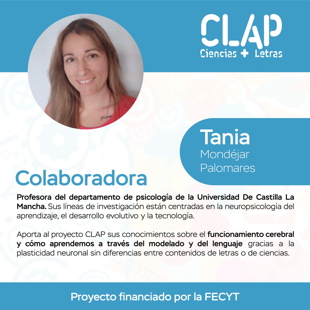 cienciasxletras's tweet photo. @FECYT_Ciencia @UCLMdivulga @DptFilolModerna @FEdCR_oficial Hoy presentamos a Tania, profesora del departamento de psicología de la UCLM, como colaboradora del proyecto CLAP. 👏👩‍🏫

#CienciasXLetras

@FECYT_Ciencia
@UCLMdivulga
@DptFilolModerna
@FEdCR_oficial https://t.co/Z0cICs8W1t