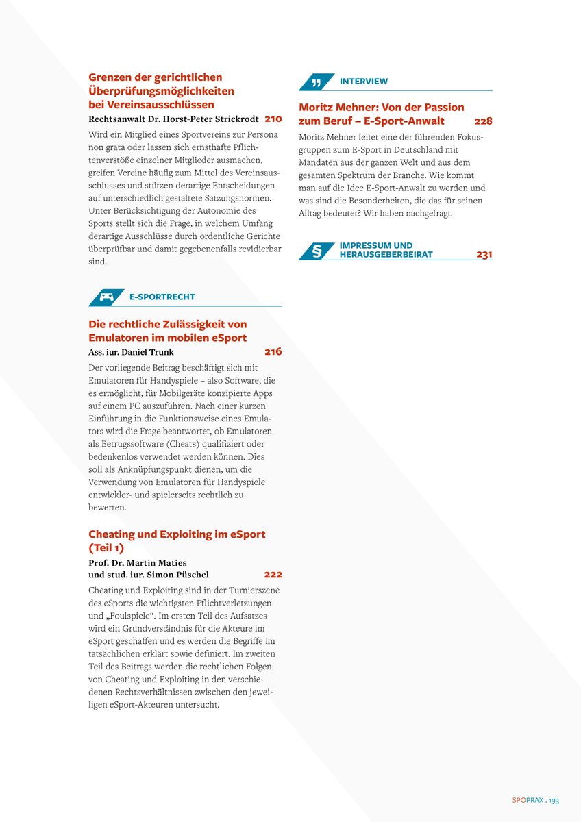 Die bald erscheinende Mai-Ausgabe der <a href="/SpoPrax/">SpoPrax</a>  - Sportrecht und E-Sportrecht in der Praxis ist die Erste, welche unter dem neuen Verlagsdach bei #Nomos erscheint und hält für die Leser/innen wieder interessante Beiträge bereit.

Wir wünschen eine angenehme Lektüre.