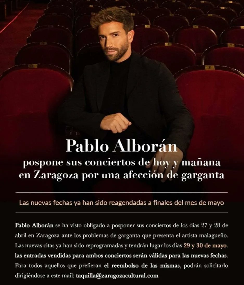 pabloalboran's tweet photo. Familia, estoy muy muy triste. He intentado seguir adelante y no posponer los conciertos en Zaragoza de hoy y mañana, pero el médico me ha recomendado reposo absoluto. 
Me da mucha rabia no haber podido avisar antes..Siento muchísimo las molestias. Lo siento mucho. https://t.co/NpiaAIa1ag