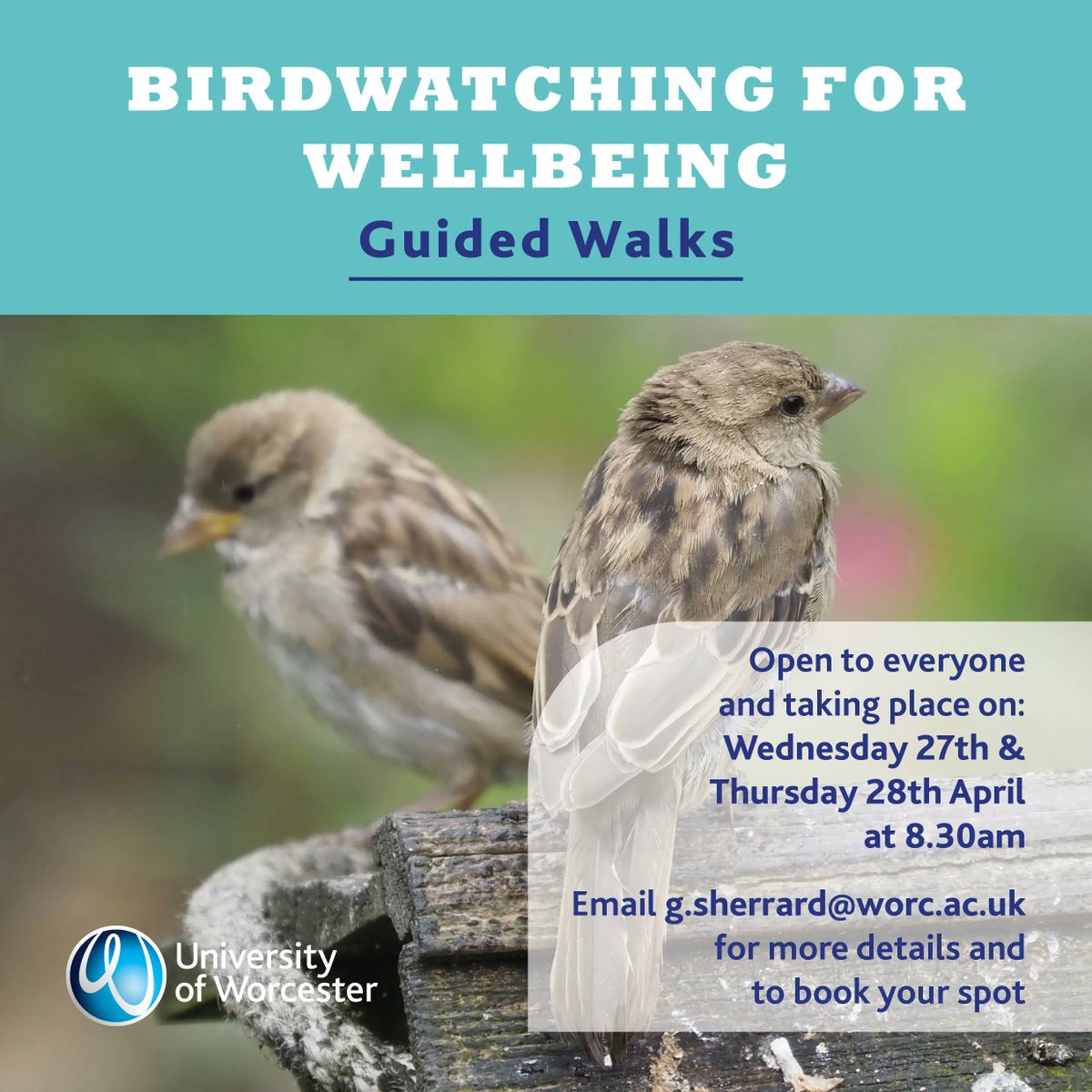 If you missed this morning's guided birdwatching walk around St John's Campus there is still time to book on to tomorrow morning's walk. Beginning at 8.30am, Mike Wheeler will show you the best spots on campus to see birds. Email g.sherrard@worc.ac.uk for more info &amp; to book on