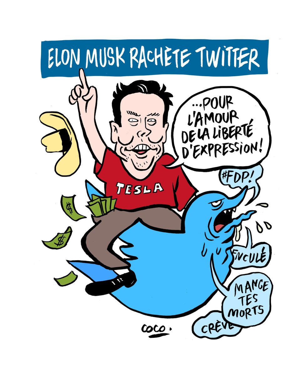 VictorMollet's tweet photo. @901_Tech @dr_l_alexandre @elonmusk Oui, cette actualité ne s’affiche pas à la Une des quotidiens chez nos voisins. La liberté d’expression est une passion française, on ne peut que s’en réjouir, comme l’illustre à sa manière ce dessin de @cocoboer. https://t.co/8cBrSKVUPl