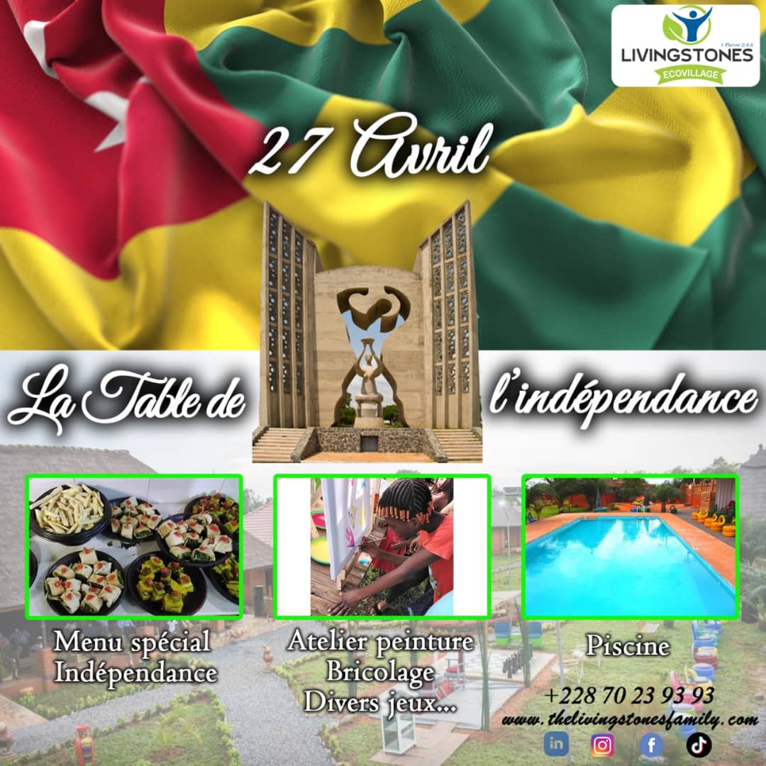 Nous vous invitons à venir fêter l'indépendance du Togo avec nous à Ecovillage. 
Au programme, un menu spécial: de la peinture, du bricolage, la natation et divers jeux. Les meilleurs souvenirs se créent avec ses proches. 
A bientôt, et bonne fête à tous!