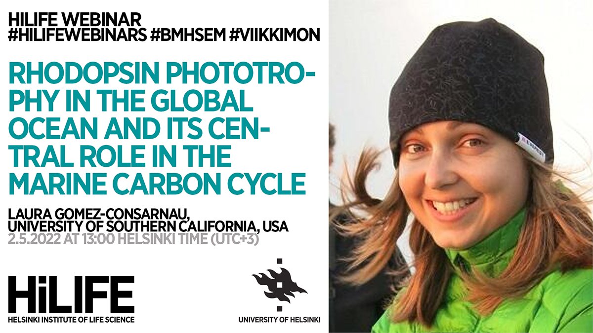 HiLIFE_helsinki's tweet photo. Welcome @lauraconsarnau to give a #hilifewebinars presentation on topic "Rhodopsin phototrophy in the global ocean and its central role in the marine carbon cycle" 2.5. at 13:00 (UTC+3). 
Join here: https://t.co/3W1EkJMApc
#bmhsem #viikkimon @LifeSciHelsinki @HelsinkiUniMed @USC https://t.co/dgAKbL6i9l