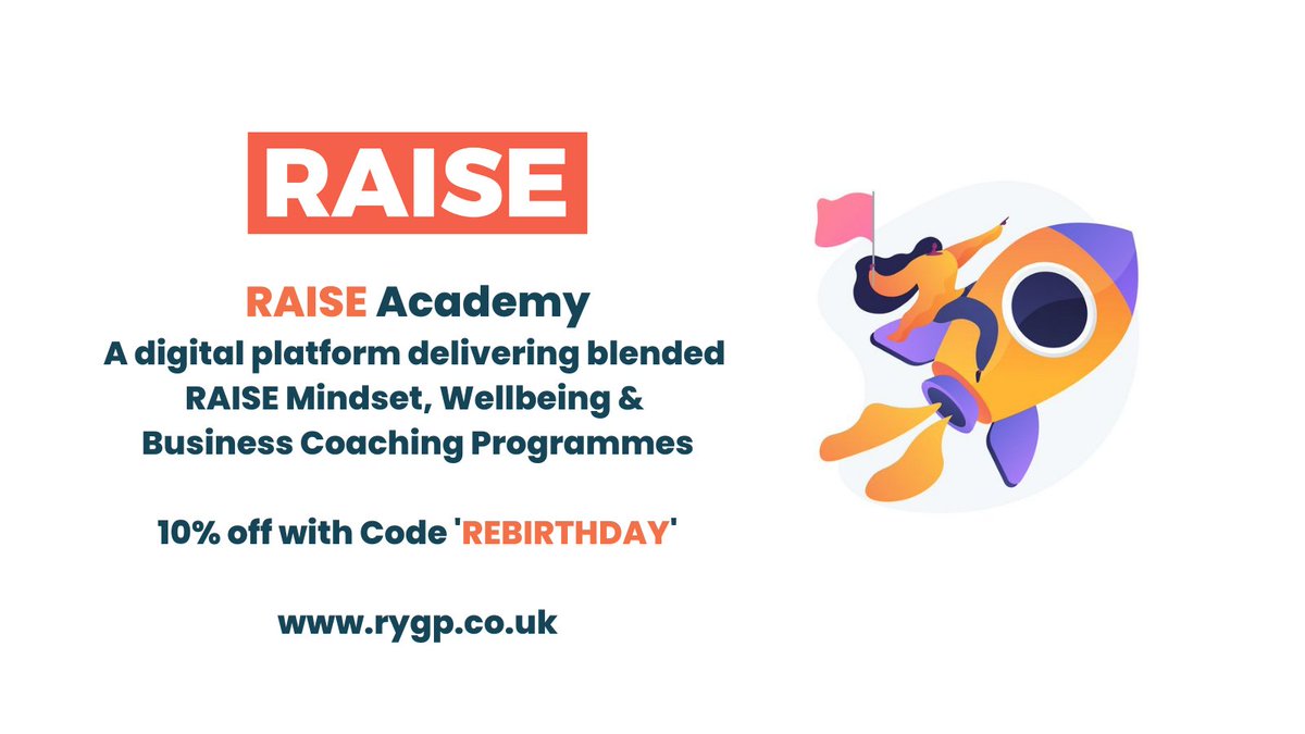 RAISE’S 20th anniversary receive 10% off our new online mindset, wellbeing and business coaching programmes – Use Code REBIRTHDAY. rygp.co.uk. #career #wellbeing #mindset #businessperformance #employeeengagement #coach #bestday #neverstoplearning #businesscoaching