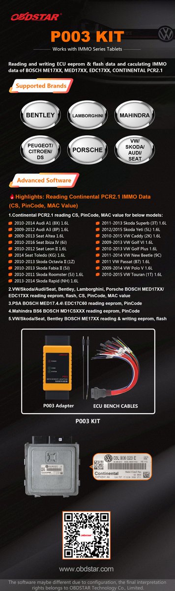 ObdstarTec's tweet image. #OBDSTAR #P003KIT #AdvancedFunctions
1.Continental PCR 2.1 reading CS, PinCode, MAC value;🔥
2.Bosch MED17.4.4 reading eeprom, PinCode;🔥
3.Bosch EDC17C60 reading eeprom, PinCode;🔥
4.Bosch MD1CS018 reading eeprom, PinCode;🔥