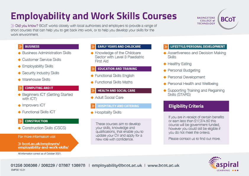 Employability Courses
Our employability team have released their timetable for courses starting in the Autumn term, available to job seekers or individuals working part time earning less than £17,374.50 per annum. Please contact the team on 01256 306229.