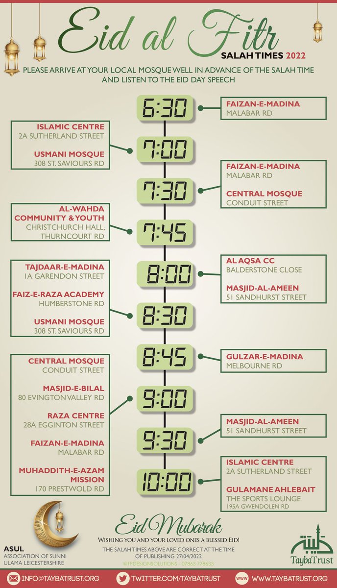 #EidAlFitr (1443 / 2022) Salaah times for #Leicester. #EidMubarak to all.