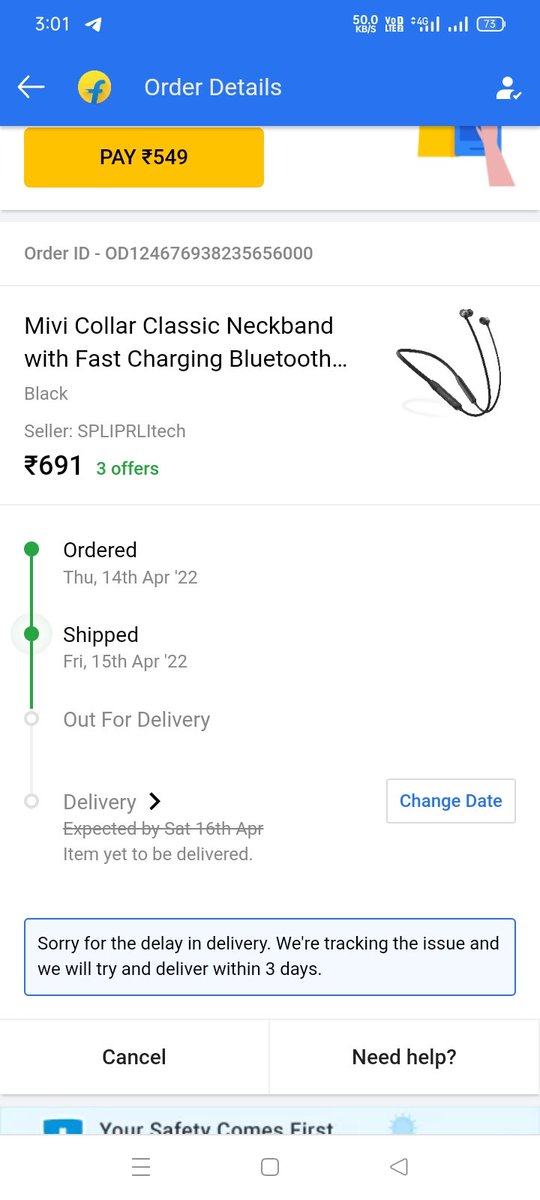 ShashankTiwary8's tweet photo. @Flipkart I had ordered Movie neck bluetooth from your aap last since two week ago, expected date of delivery was 16th april but product didn't receive me when contact your customer care they said due to unforeseen reason we con't delivered the product, https://t.co/KriVbFE2Gf