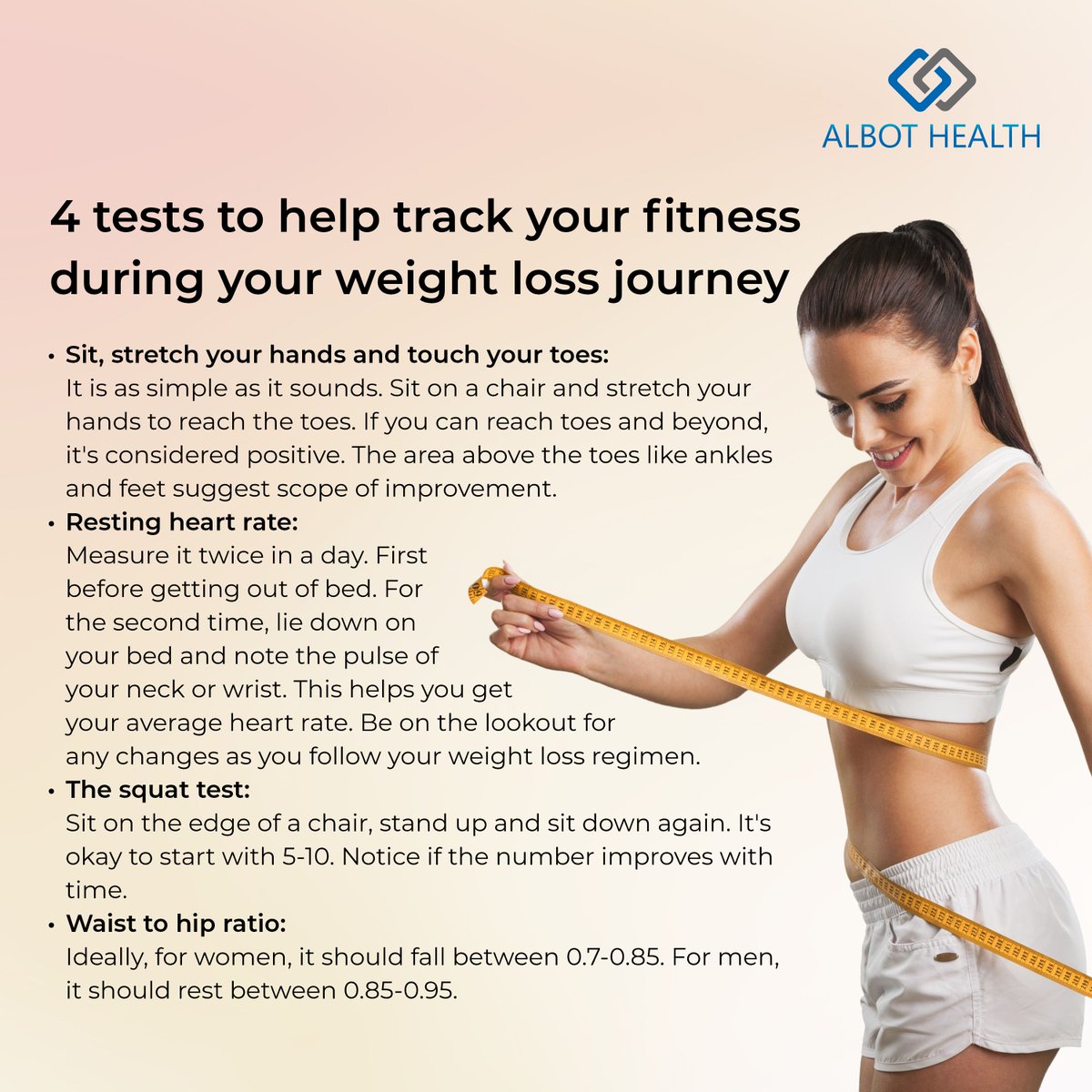 AlbotHealth's tweet photo. Weight loss for a slim and lean body isn't the only benchmark of fitness. Here are 4 tests that give you a whole picture of your overall health. 

#BeSelfAware #fitnesstest #weightlossjourney #weightloss #trackfitness #AlbotHealth #selftest https://t.co/8tdE1YbtOe