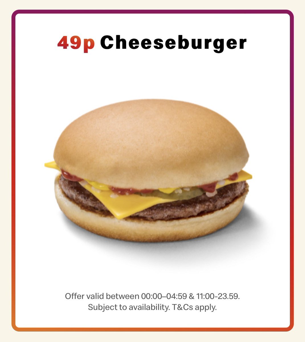 mcds_mboro's tweet photo. Yes that’s right, you can grab a cheeseburger for 49p when you order on the My McDonald’s App! 🙌 https://t.co/hkO9pcId5P
