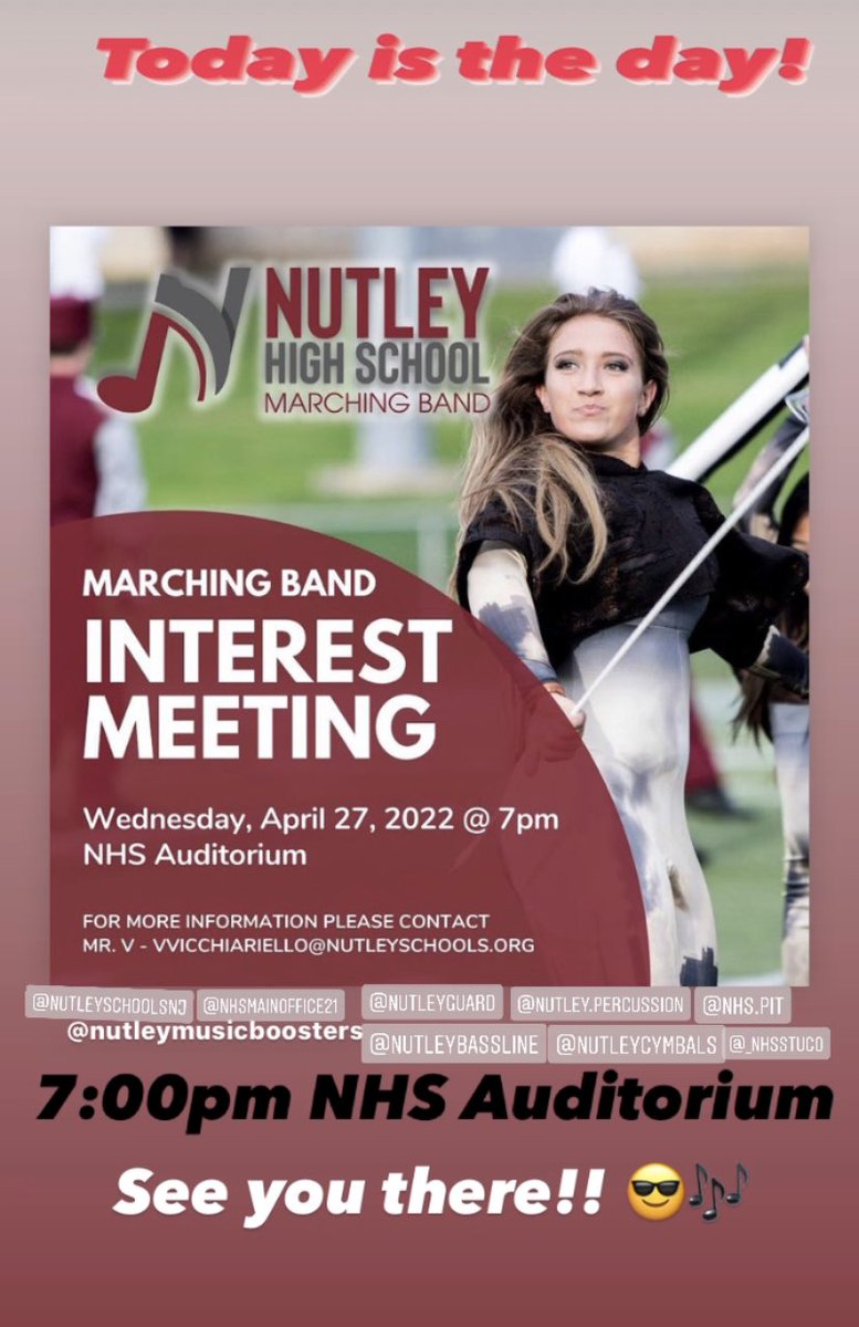 Today is the day!! There will be a Marching Band interest/sign-up meeting @ 7pm in the NHS auditorium. Come out &amp; receive all the info for next season &amp; to hear about next year’s show! See you later! 🎶😎🏆 <a href="/NutleyMusicBstr/">Nutley Music Boosters</a> <a href="/NutleyPrincipal/">Denis Williams</a> <a href="/NutleySchoolsNJ/">NutleyPSD</a> <a href="/nutleystuco/">NHS Student Council</a>