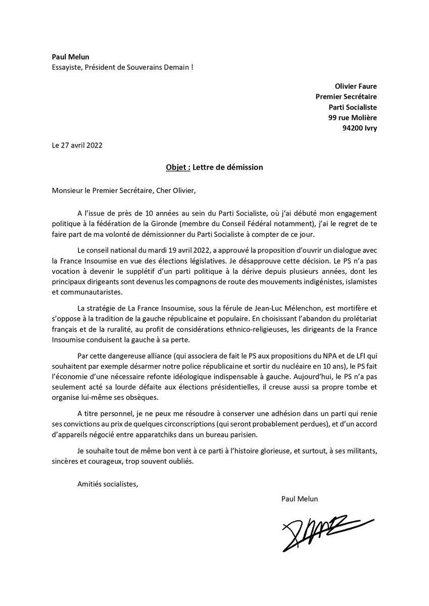 Lettre à Olivier Faure : pourquoi je démissionne du Parti Socialiste ⤵️