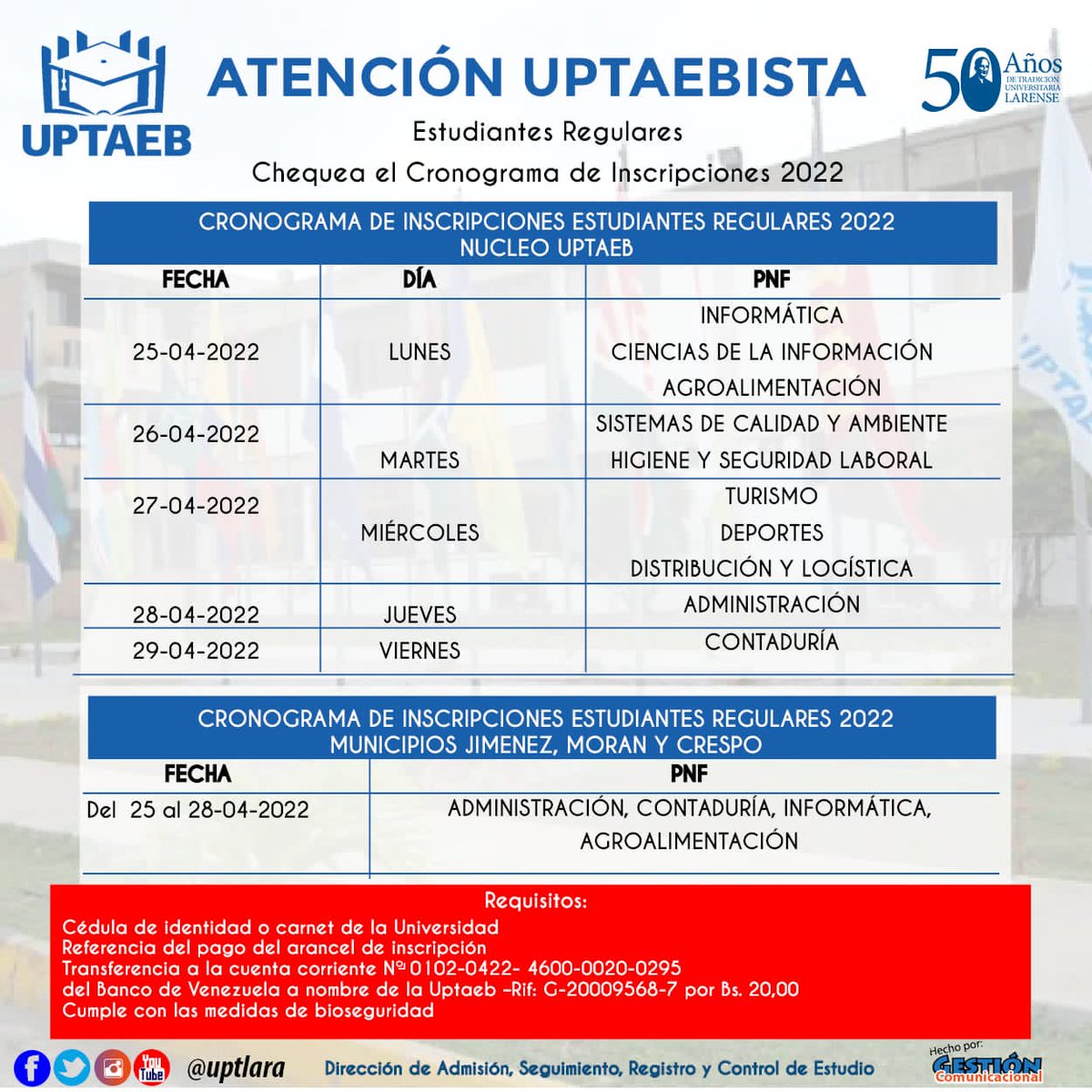 uptlara's tweet photo. #27Abril Hoy recibimos a nuestros estudiantes regulares y reingreso de #PNFDL, #PNFD y #PNFT para su inscripción y continuidad de estudios. Chequea👇🏻las indicaciones y requisitos.
#UptaebActiva
@michellyvivas @DGGCA_UPTAEB @njcanelo @jose_pinedag @guerrillando @marialerodri14 https://t.co/wg2nlWbf1H
