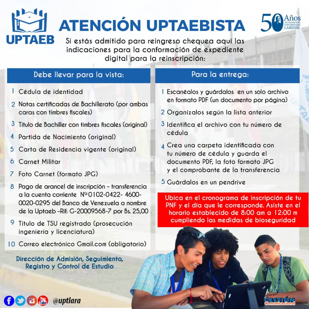 uptlara's tweet photo. #27Abril Hoy recibimos a nuestros estudiantes regulares y reingreso de #PNFDL, #PNFD y #PNFT para su inscripción y continuidad de estudios. Chequea👇🏻las indicaciones y requisitos.
#UptaebActiva
@michellyvivas @DGGCA_UPTAEB @njcanelo @jose_pinedag @guerrillando @marialerodri14 https://t.co/wg2nlWbf1H