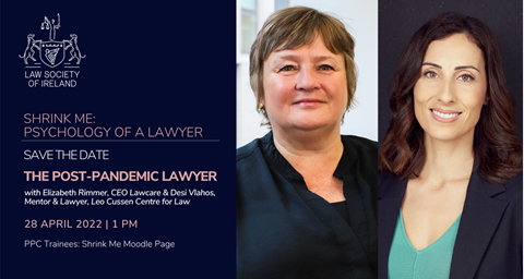 LawSocEdu's tweet photo. This week, Shrink Me has an international flavour, as Elizabeth Rimmer and Desi Vlahos share their perspectives on the post-pandemic lawyer. Tune in tomorrow, 28 April, at 1pm! https://t.co/57LDD8ELS2
