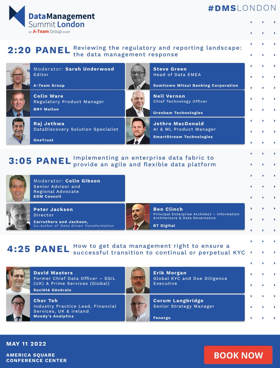 DataMgmtInsight's tweet photo. We'll hear from this lineup of expert speakers at #DMSLondon on 11 May, across topics including #regulatoryreporting, #dataquality, #dataharmonisation, #datafabric and more:
https://t.co/3UwEeMF25X

@BNYMellon @greshamtech @OneTrust @SmartStream_STP @MoodysAnalytics @Fenergo https://t.co/8pJ5S0jcLw