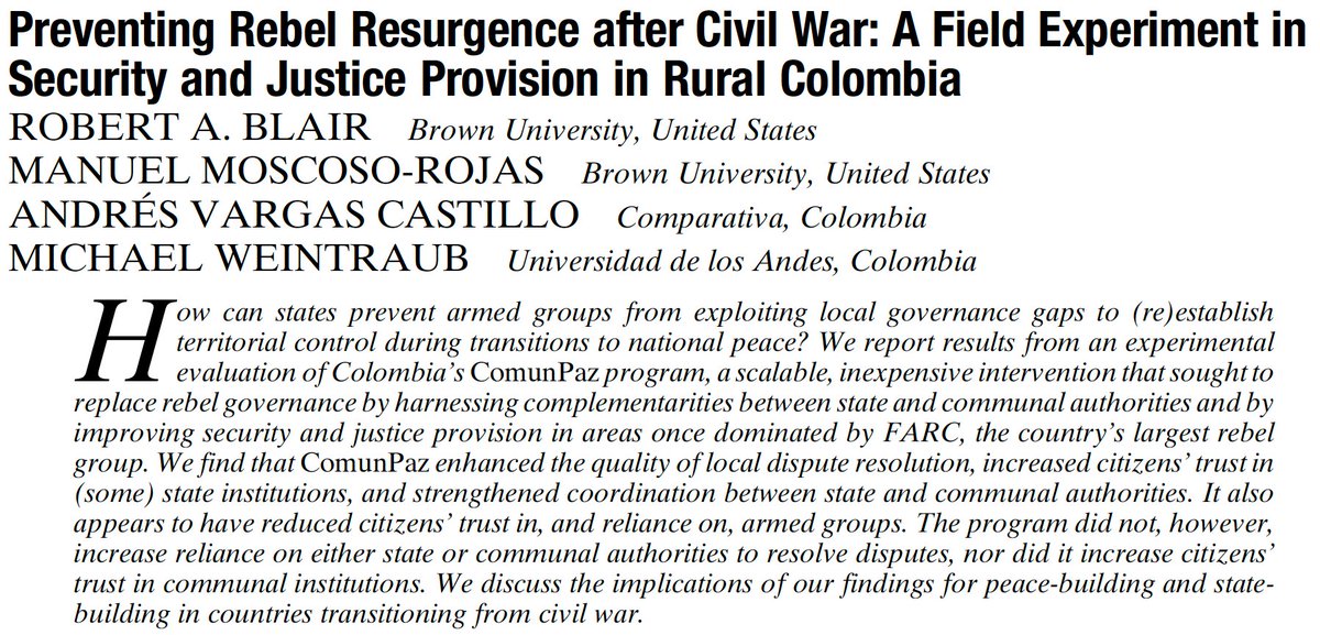 "How can states prevent armed groups from exploiting local governance gaps [...] during transitions to national peace?" Read this article by <a href="/robert_a_blair/">Rob Blair - robertblair.bsky.social</a>, <a href="/ManuelMoscosoR/">Manuel Moscoso Rojas</a>, <a href="/avargascastillo/">Andres Vargas</a>, <a href="/miweintraub83/">Michael Weintraub</a>. #APSRFirstView #APSR #polisciresearch 

ow.ly/QJOA50IRXPx