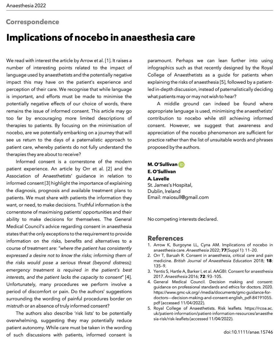 Anaes_Journal's tweet photo. 🔐Implications of nocebo in anaesthesia care.

"...we suggest that awareness and appreciation of the nocebo phenomenon are sufficient for practice rather than the list of unsuitable words and phrases proposed by the authors."

🔗https://t.co/BoOgr7exBX https://t.co/hK8HB4y9xG