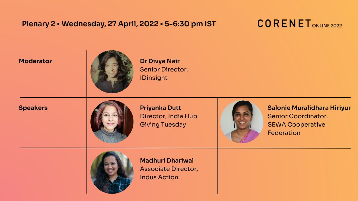 Happening Now! 
Join IDinsight’s <a href="/Divya_dna/">Divya Nair</a> in conversation w/<a href="/priydee/">Priyanka Dutt</a>, <a href="/SalonieM/">Salonie</a>, &amp; <a href="/madhuridhariwal/">Madhuri Dhariwal</a> at the #CORENetConference plenary on #supporting #resilience highlighting adaptation &amp; ingenuity during #COVID19 pandemic @ 5 PM IST. 
Register ➡️ bit.ly/corenet02