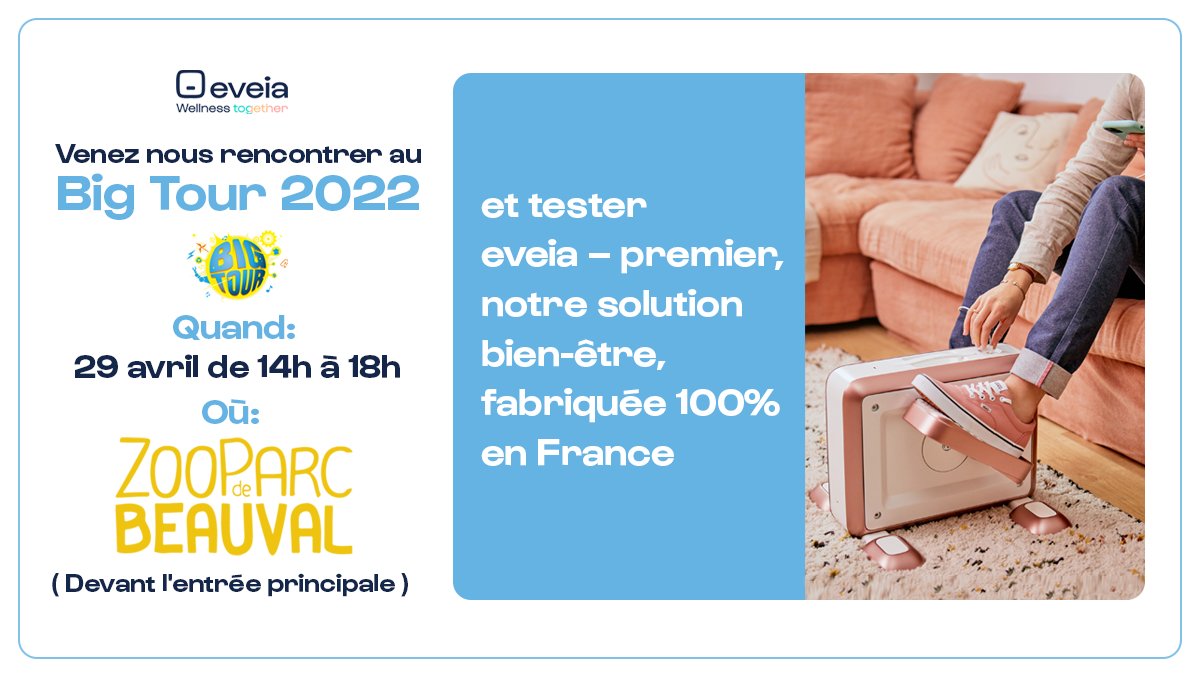 📣[Event Big Tour 2022]📣

<a href="/eveiawellness/">eveia wellness</a> sera présent à "Big Tour", organisé par <a href="/Bpifrance/">Bpifrance</a> et La French Fab au Zoo de Beauval le 29 avril de 14h à 18h 😇

Rencontrez-nous et tester eveia – premier, notre solution bien-être, fabriquée 100% en France 🇫🇷

#eveia #madeinfrance