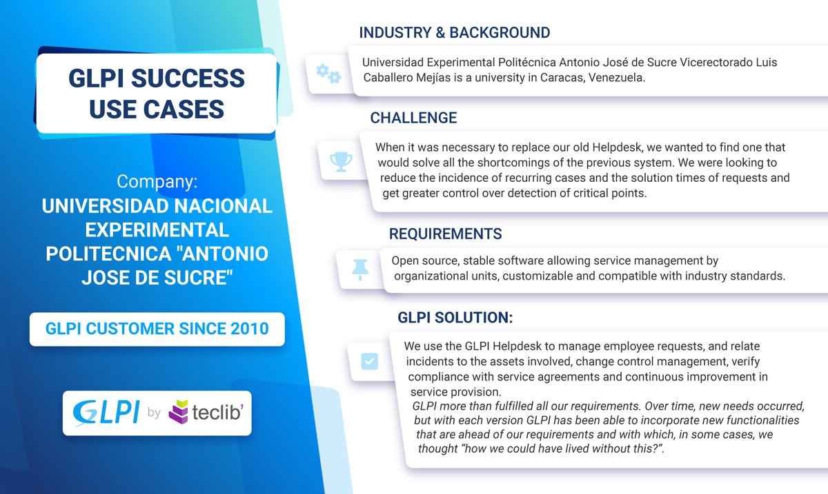 <a href="/UnexpoVe/">UNEXPO</a> Universidad Nacional Experimental Politécnica "Antonio José de Sucre": 👉🏼 "We use the GLPI Helpdesk to manage employee #requests, and relate incidents to the assets involved."

🚀 Interested in trying GLPI? 👉🏼 download it here ⚡ glpi-project.org/downloads/