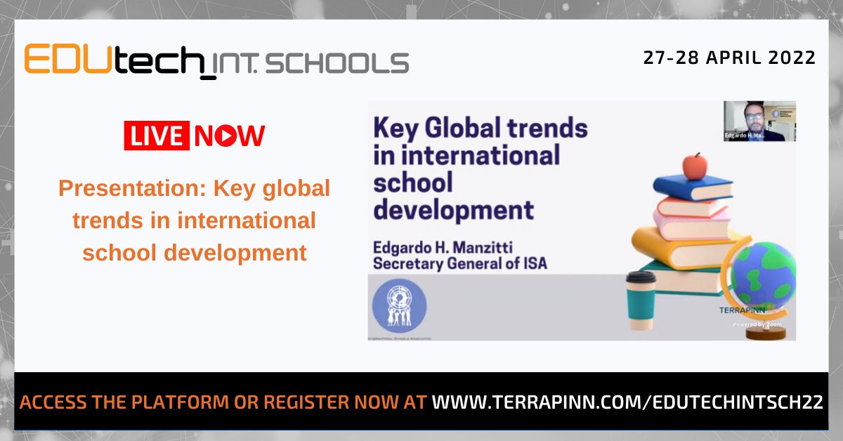 edutech_asia's tweet image. Now at #EDUtechIntSch
Presentation: Key global trends in international school development
By Edgardo Manzitti, Secretary General, @ISAschoolsORG 
Watch the full session now 
Log on to the platform or get your free pass: bit.ly/3uFTXXg