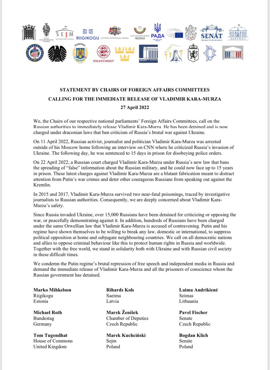 markomihkelson's tweet photo. Chairs of Foreign Affairs Committees of 🇪🇪🇱🇻🇱🇹🇸🇪🇫🇮🇮🇸🇩🇰🇳🇴🇺🇸🇩🇪🇵🇱🇪🇺🇺🇦🇫🇷🇨🇿🇮🇹🇪🇸🇷🇴 🇬🇧 calling for the immediate release of Mr Vladimir Kara-Murza @vkaramurza. https://t.co/dVTT9PLBrK