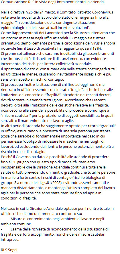 RsuSOGEI's tweet photo. COMUNICAZIONE RLS #SOGEI
Nella dir. 26 del 24 marzo, il Comitato Ristretto Coronavirus reiterava le modalità di lavoro dello stato di emergenza fino al 2 maggio,“in considerazione della contingente situazione epidemiologica e delle sue attuali incerte evoluzioni”.#salute #fragili https://t.co/e61UkzIsxK