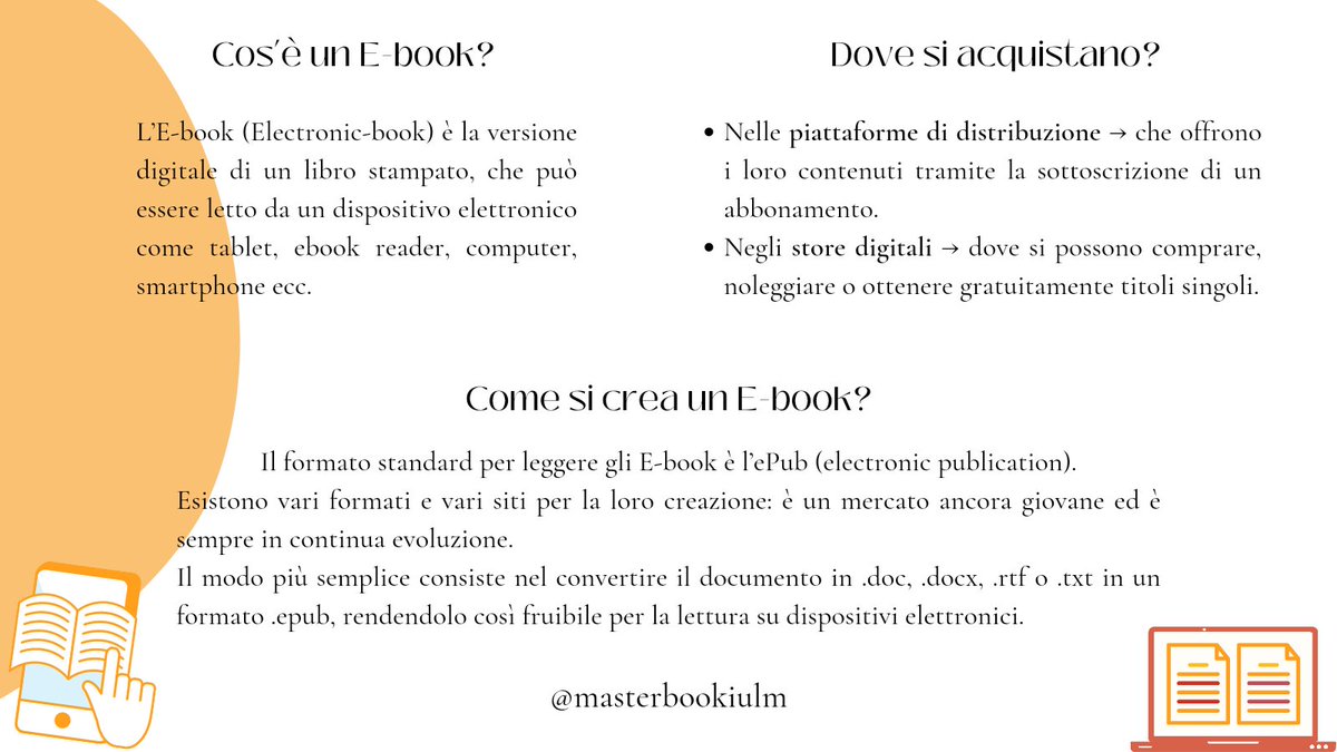 MasterBookIULM's tweet photo. Per la rubrica "Come si fa?", oggi si parla degli ancora tanto discussi e-book. C'è chi si è fatto sedurre dalla praticità e dal poco impatto ambientale, e chi proprio non vuole saperne di rinunciare al cartaceo. 
E voi? Cosa ne pensate?

#comesifa #ebooks #masterbook #iulm https://t.co/PKVL706lPR