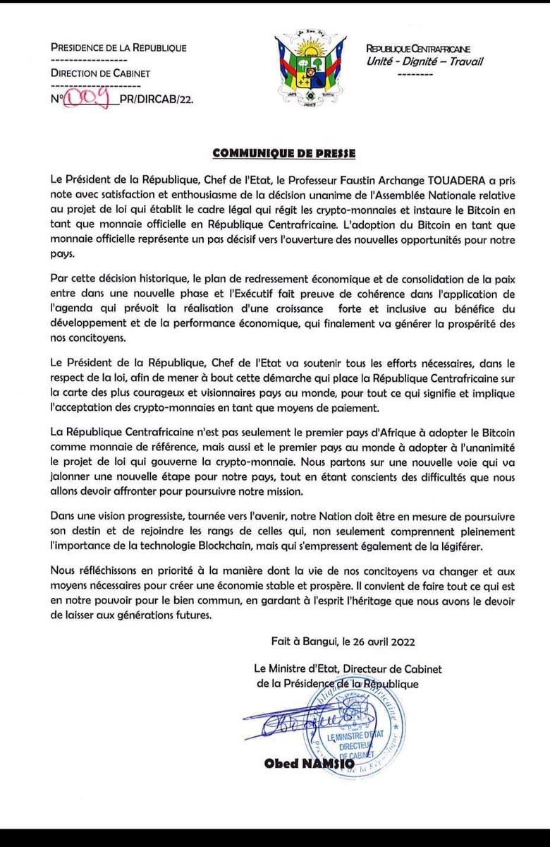 Stromens's tweet photo. 🚨 Official press release from the Central African Republic states Bitcoin is a official currency (original document and a google translated version below) @bitcoinarchive @DocumentingBTC @APompliano @gladstein @LordFusitua @Dennis_Porter_ @BitcoinMagazine https://t.co/U5vqdz4oB5