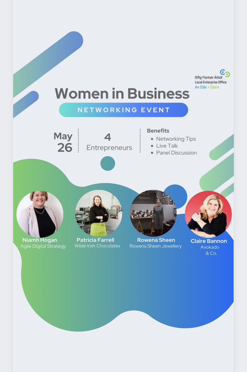 Join us for a panel discussion with four female entrepreneurs who have developed their business using networking :
📌Niamh Hogan <a href="/agiledigital/">Agile Digital</a> 
📌Patricia Farrell <a href="/WildeIrishChocs/">Wilde Irish Chocolates</a> 
📌Rowena Sheena of Rowena Sheen Jewellery 
📌Claire Bannon <a href="/AvokadoC/">Avokado & Co</a> 
localenterprise.ie/Clare/Training…