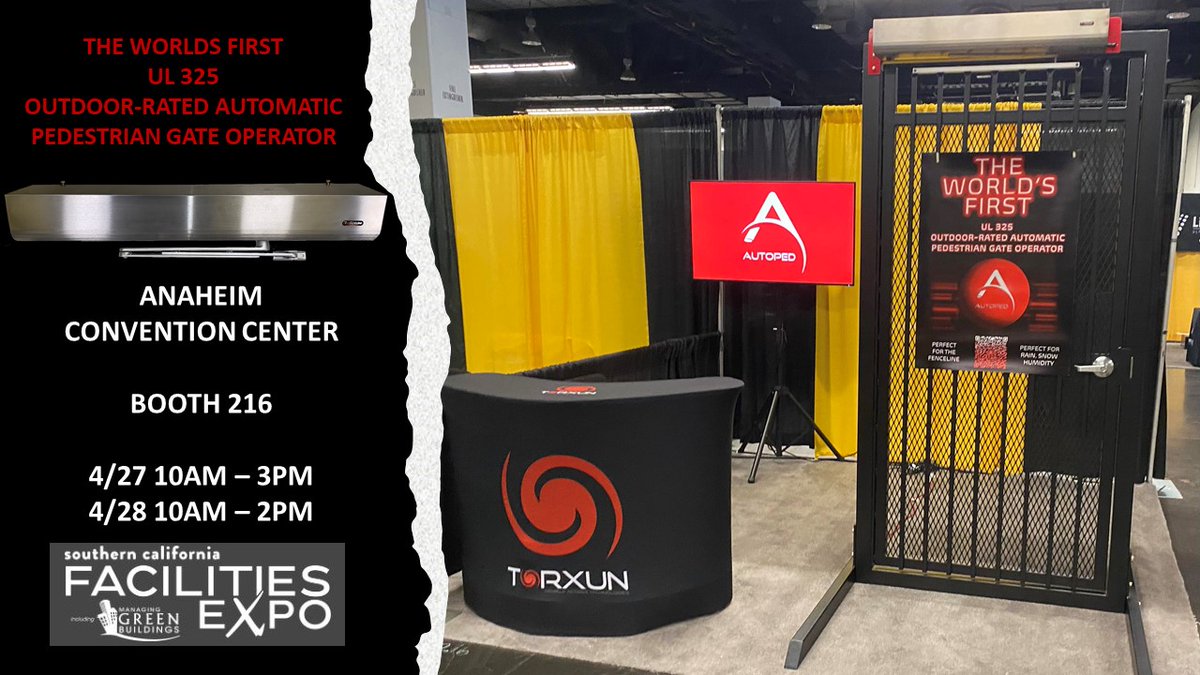TorxunT's tweet photo. Come check us out at the Anaheim Convention Center and see how you can automate your outdoor pedestrian gate or doors with the all new Autoped
#TORXUN #AutoPed #PedestrianAccess 
#Anaheim #California
https://t.co/ympX6Wb1ki https://t.co/oJlCiUOy0M