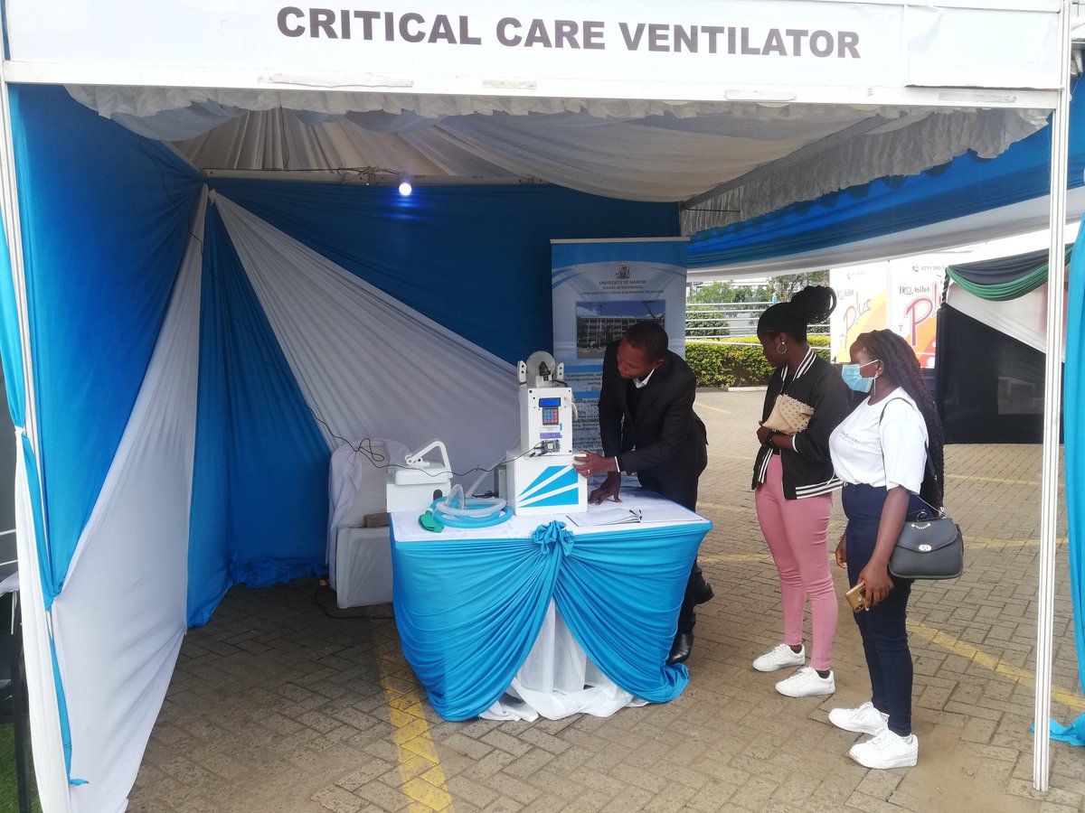 UoN_Engineering's tweet photo. Dr. Peter Akuon demonstrating how the prototype ventilator  works. The ventilator is adaptable to multiple power sources, including solar power and  can be used in remote locations without electricity. #NIW2022 #InnovateKE https://t.co/hslYZEb4cq