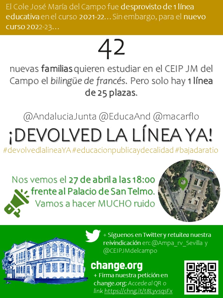 fampasevilla's tweet photo. Esta tarde tod@s a San Telmo
💚
#devolvedlalineaYA
@EducaAnd @AndaluciaJunta @macarflo https://t.co/21kogsMWzI